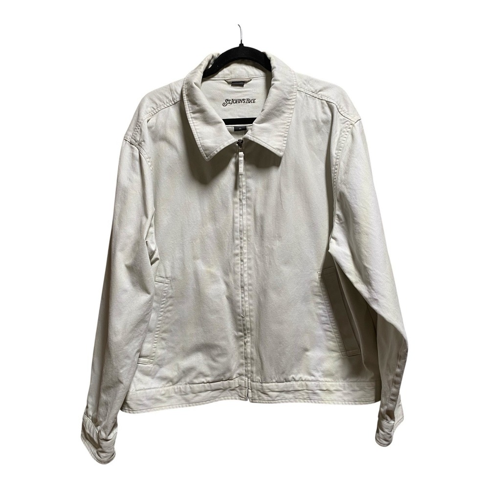Vtg St Johns Bay Jacket Mens XL Bomber Style Beige Full Zip 6Pkts Grandpa Jacket